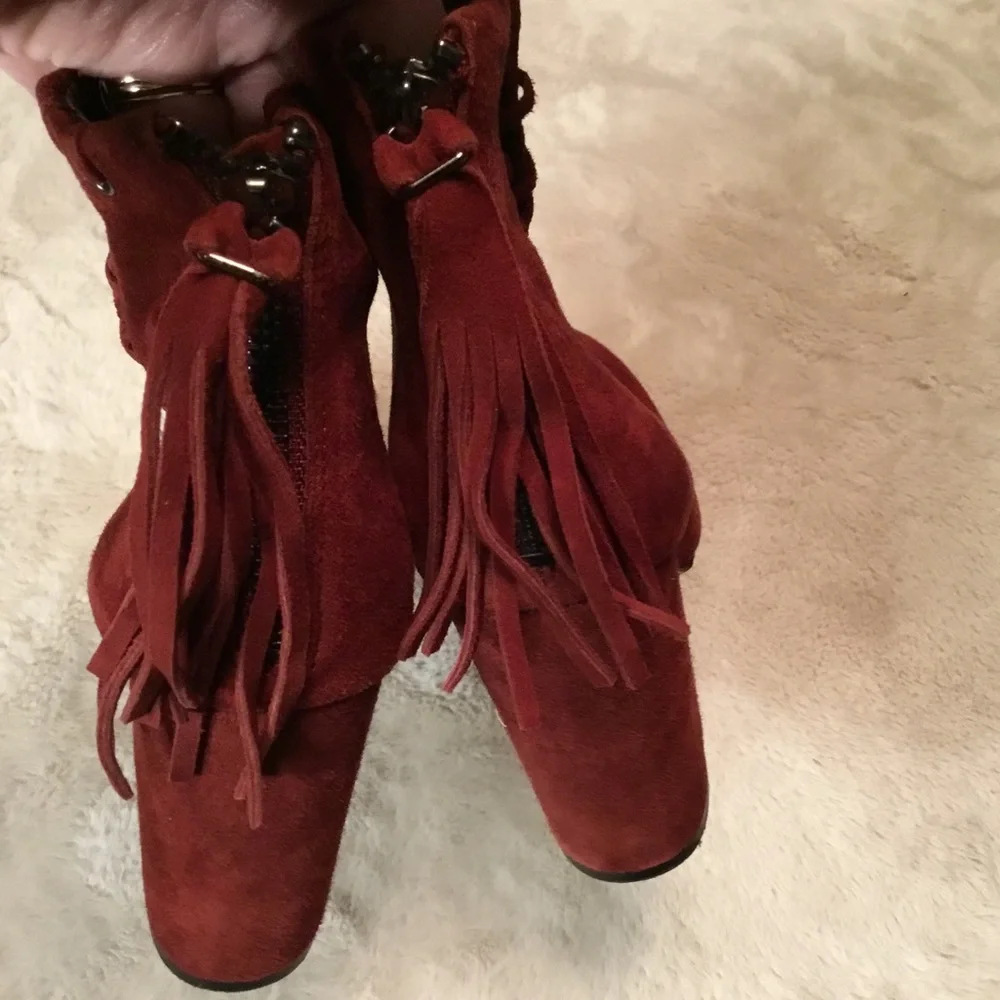 Karl Lagerfeld Sylvia Burgundy Red Chunky Heel Suede Ankle Boots Tassels - 6